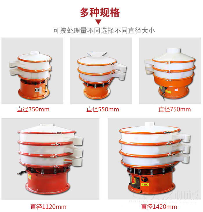 塑料振動篩不同篩分直徑進(jìn)行展示:350,550,750,1120,1420等。