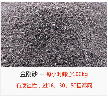 篩分金剛砂每小時(shí)100kg,有腐蝕性,過(guò)16、30、50目篩網(wǎng)