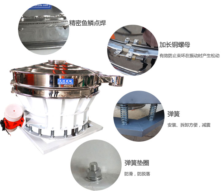 1500直排篩細節展示：彈簧，彈簧墊圈，加長銅螺母。