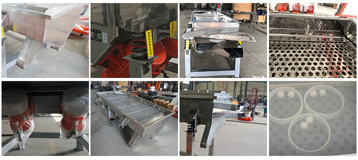 不銹鋼直線篩不同定制出料口，電機，篩網(wǎng)，篩箱，彈跳球等部件細節(jié)展示