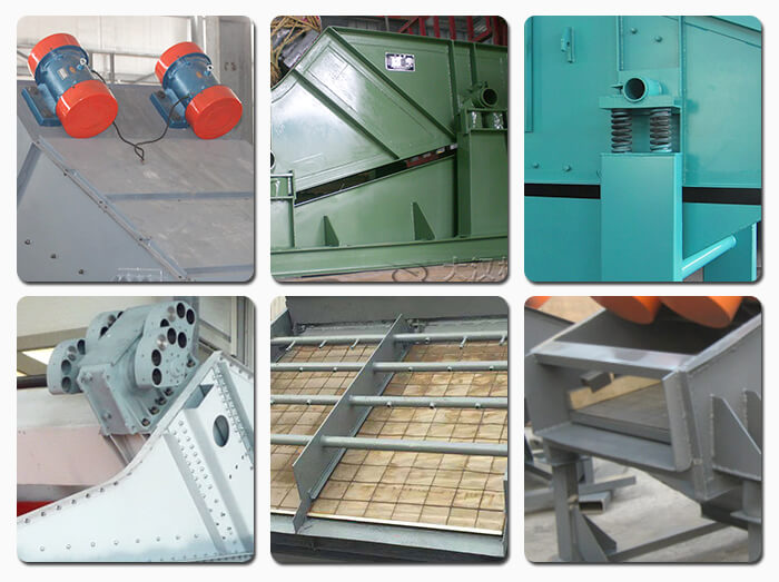 礦用振動篩主要由激振器、篩體、篩網、減振裝置及座架等組成。篩箱由篩框、篩板、襯板等組成