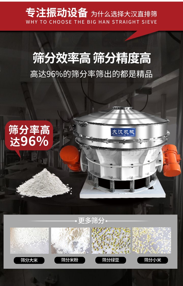 直排篩適用物料有面粉，淀粉，洗衣粉，金屬粉，添加劑，化工，非礦等行業(yè)。