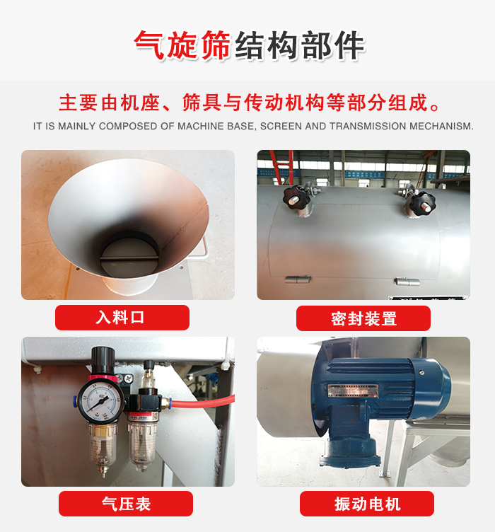 氣旋篩結構：入料口，密封裝置，電機，氣壓表等
