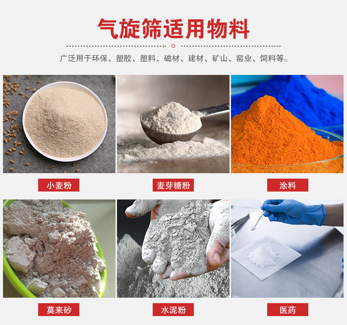 氣旋篩適用物料：小麥粉，麥芽糖粉，涂料，等粉狀物料。